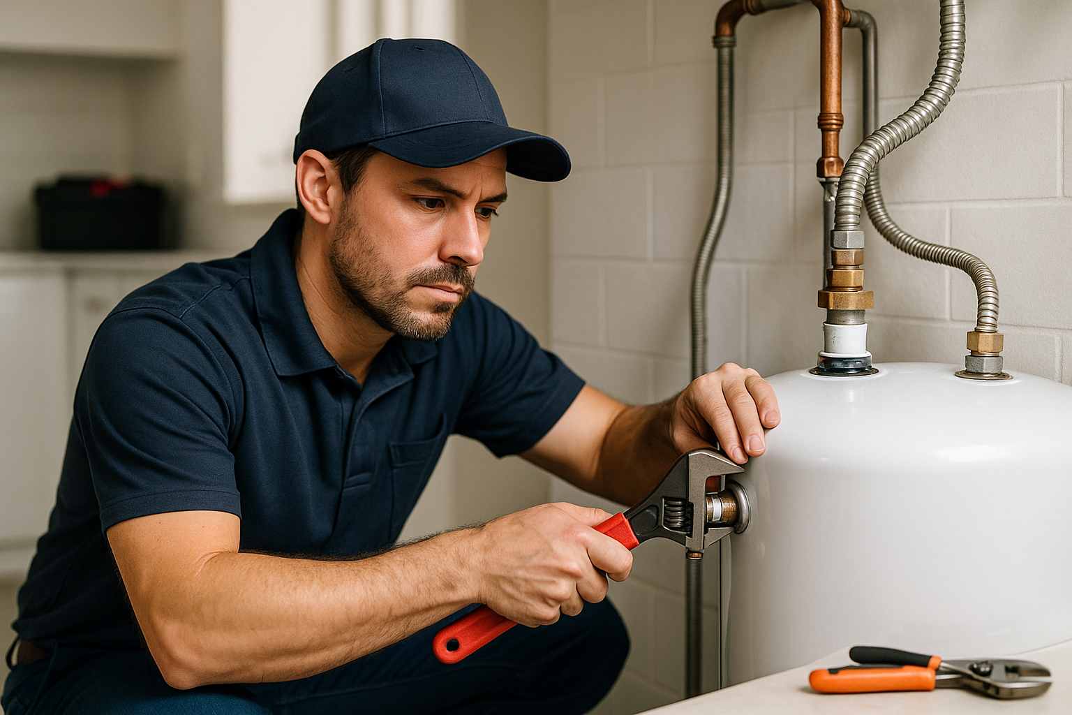 Editorial illustration depicting water heater repair